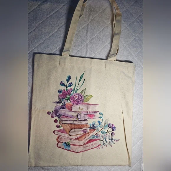 Books & Flowers Cotton Canvas Tote Bag with 2 Inner Pockets Reusable Washable - Picture 10 of 13